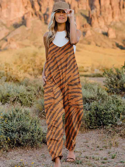 Tiger Print V-Neck Sleeveless Jumpsuit